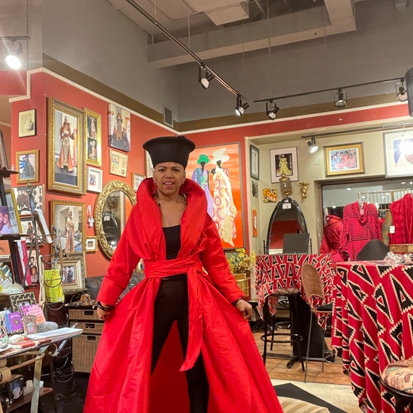 Long Red Dupioni Silk Wrap Dress - Picture 6 of 9